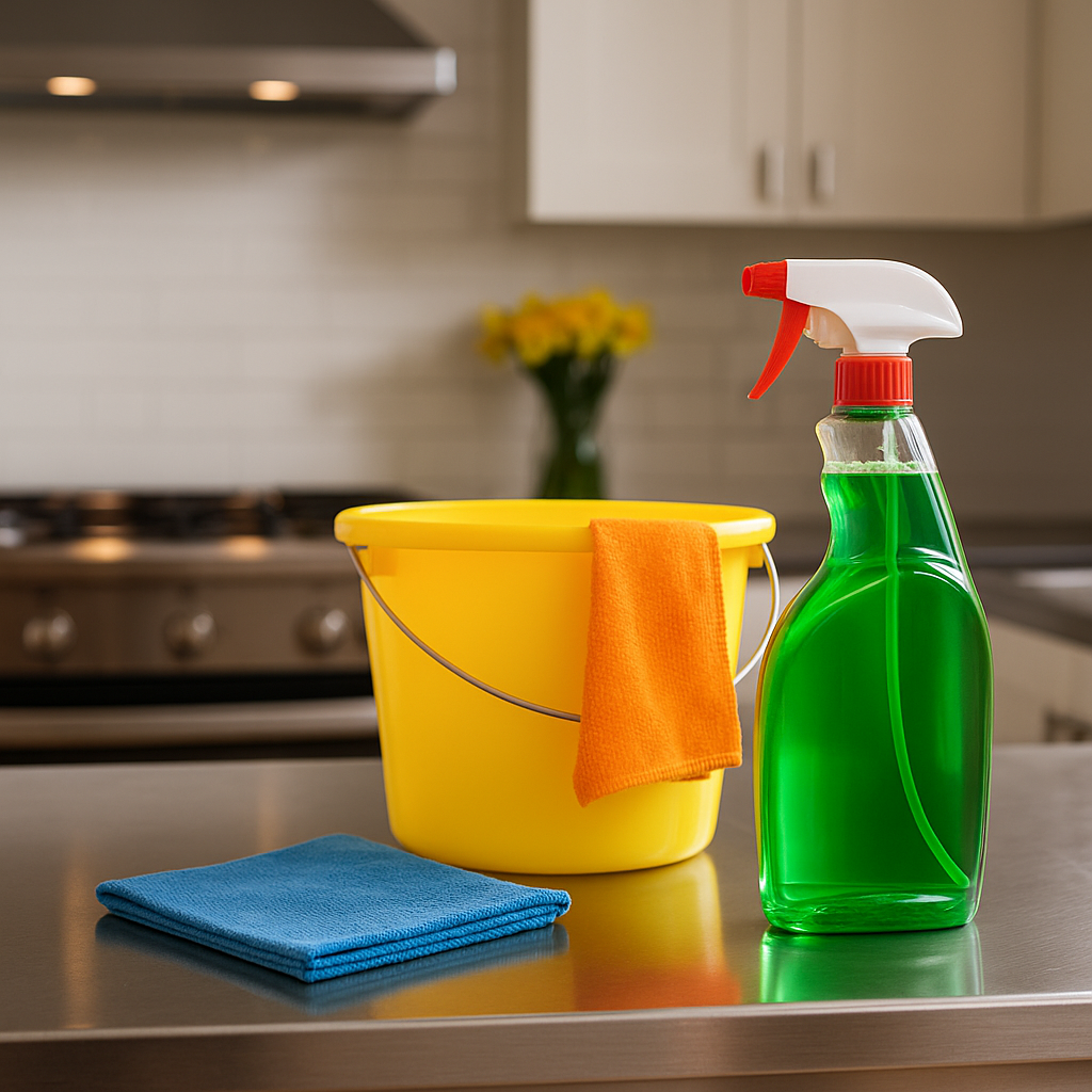 מטבח מבריק ונקי עם בקבוק חומר ניקוי ירוק, דלי צהוב ומטלית על משטח נירוסטה – צילום המשקף את מוצרי הניקוי של סנונית לאחר ניקוי יסודי.
